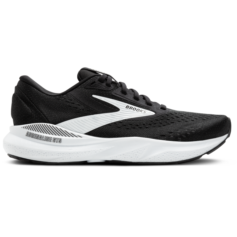 Brooks Adrenaline GTS 24 athletic shoes; black mesh upper with white sole and Brooks branding.