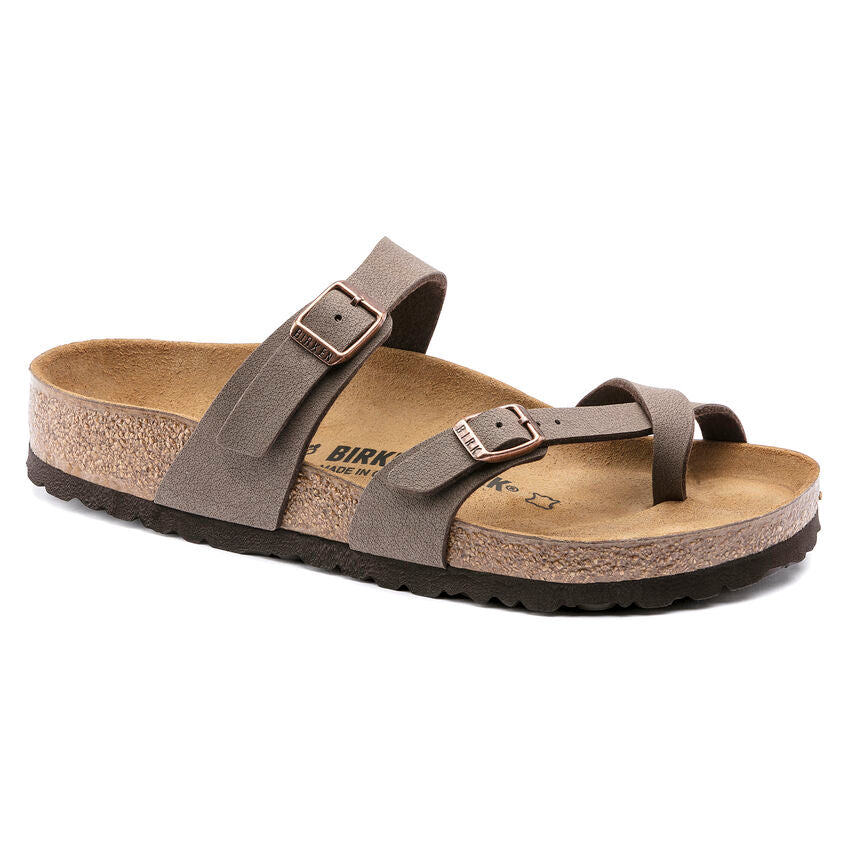 Birkenstock Mayari casual sandals in taupe with dual buckle straps and cork footbed