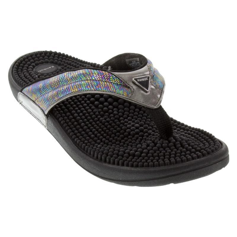 Kenkoh Spirit V casual sandals with black bead footbed and iridescent strap.