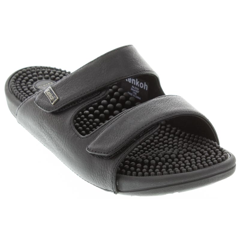 Kenkoh Serenity V casual slide sandal in black leather with bead-textured massage footbed.