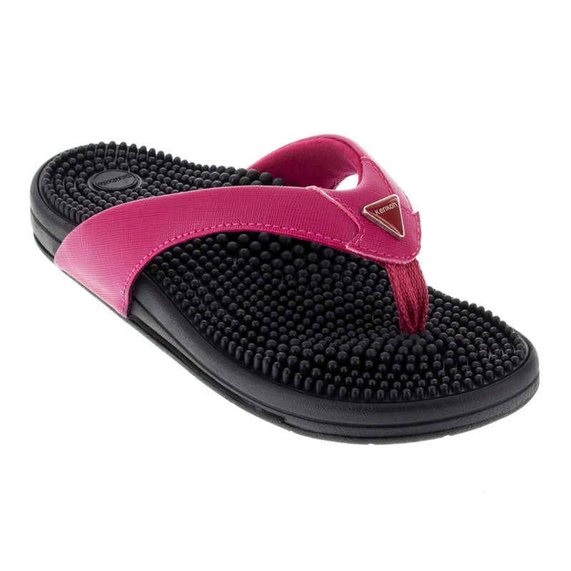 Kenkoh Spirit V sandals; pink strap with black textured footbed and logo tag