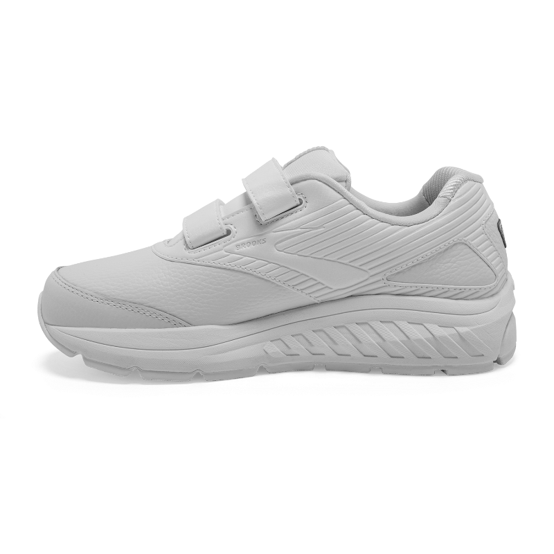 Brooks Addiction Walker V-Strap 2 women's sneaker in white; athletic walking shoe with Velcro straps.