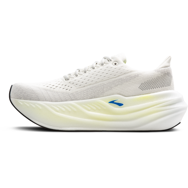 Shoes-Athletic Brooks Glycerin Max men's running shoe in white with pale yellow sole and blue logo