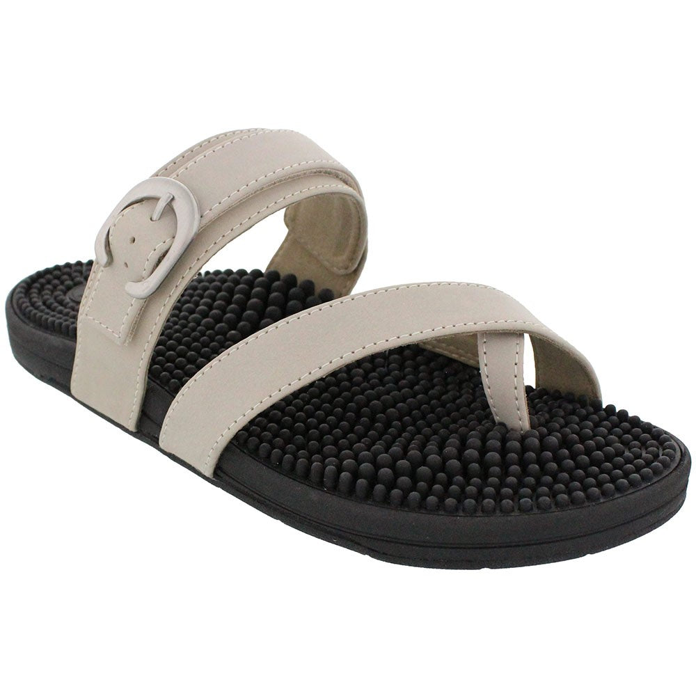 Kenkoh Aura-V casual sandals with beige straps and a textured black massage footbed.