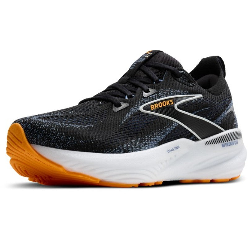 Brooks Glycerin GTS 22 men's athletic shoes in black with orange outsole and white midsole