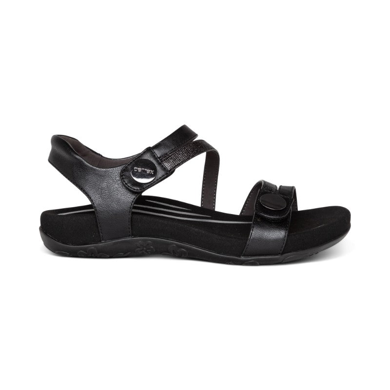 Aetrex Jess casual black leather sandals with adjustable straps and cushioned footbed