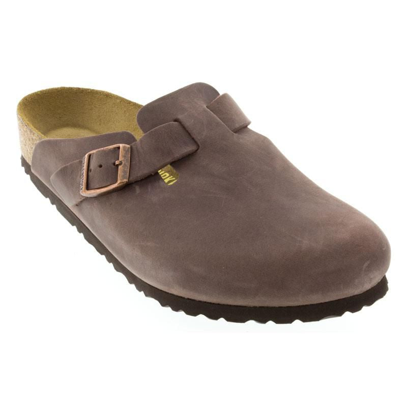 Birkenstock Boston casual shoe in taupe suede with buckle strap and cork footbed.