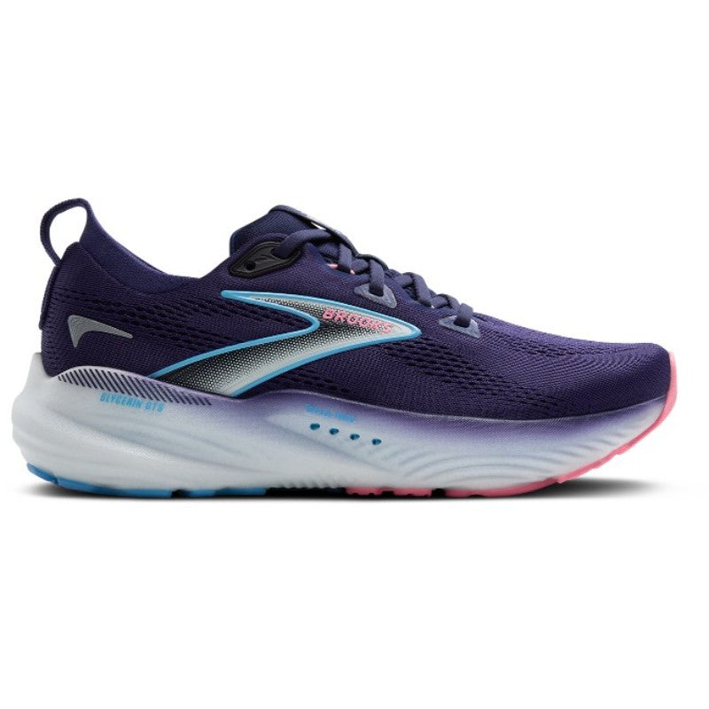 Brooks Glycerin GTS 22 Women's running shoe in purple with blue gradient midsole and pink outsole.