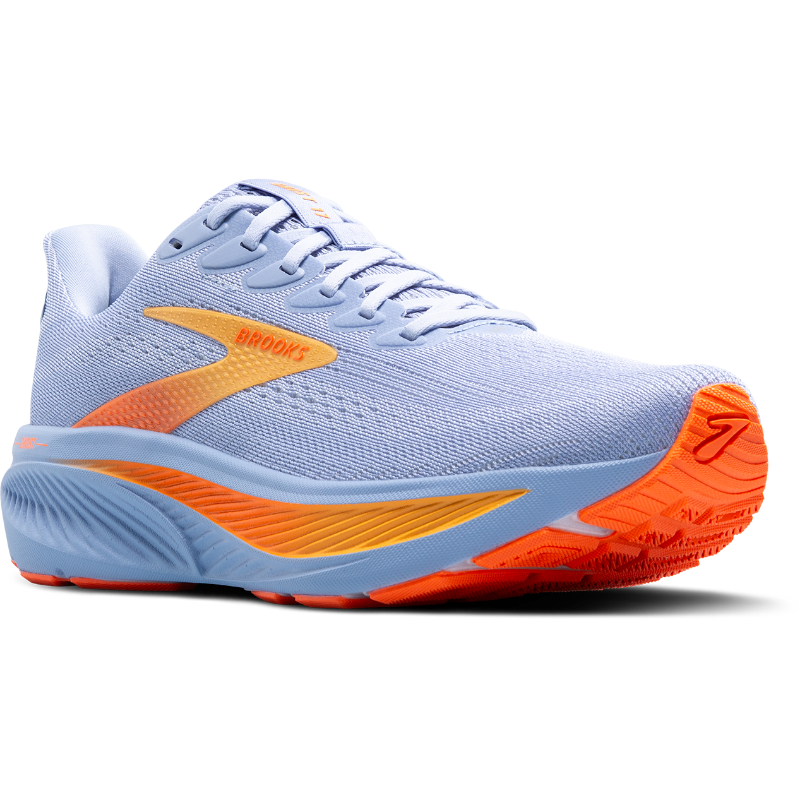 Brooks Ghost 17 athletic shoes in light blue with orange accents and breathable knit upper