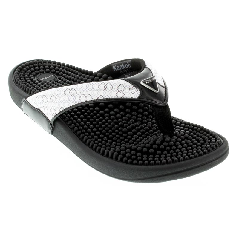 Kenkoh Spirit V sandals; black footbed with massage-dot texture and white strap