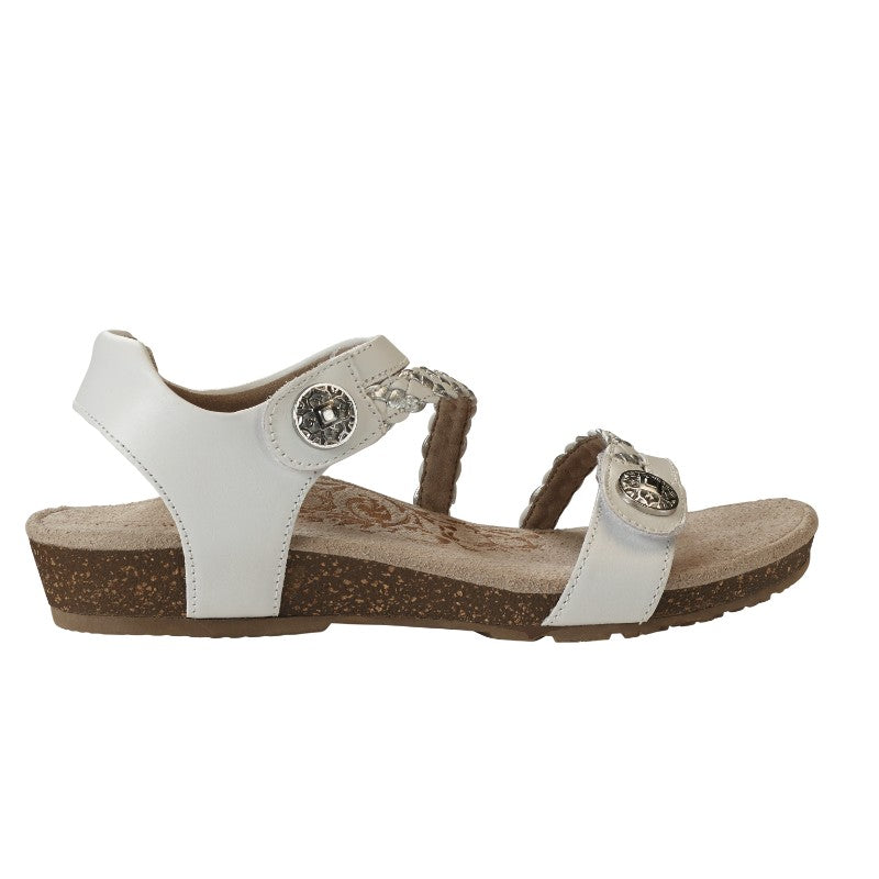 Aetrex Jillian casual sandals, white leather straps with crystal embellishments over cork footbed.