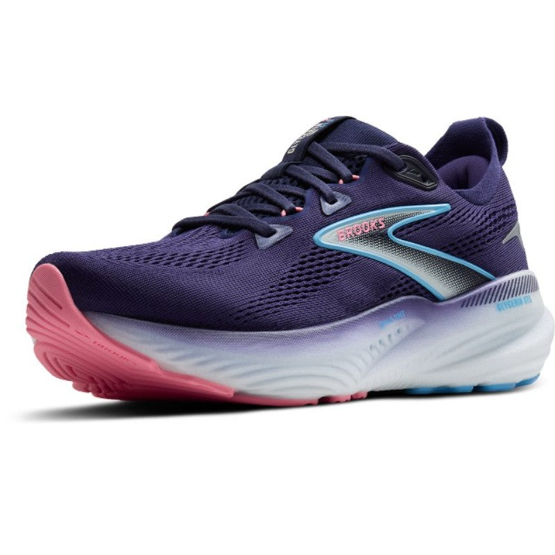 Brooks Glycerin GTS 22 women's athletic shoe in purple with pink outsole and blue accent logo.