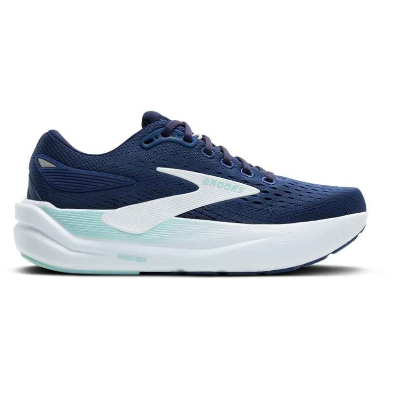 Brooks Ghost Max 3 athletic shoes in navy with white and light teal midsole, breathable mesh