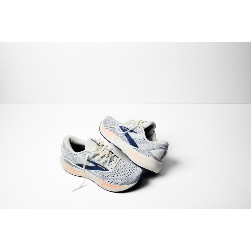 Brooks Adrenaline GTS 24 athletic shoes, light gray with blue accents and peach sole, pair