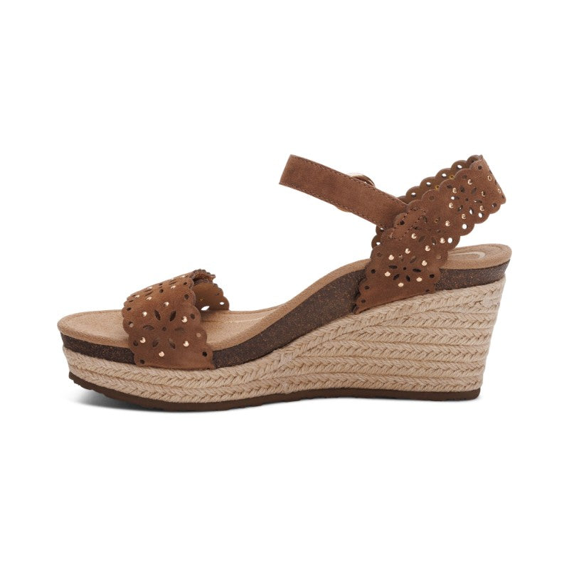 Aetrex Sydney Cutout sandals, brown suede wedge with floral perforated straps.