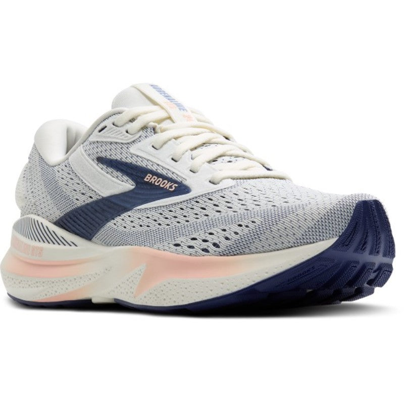 Brooks Adrenaline GTS 24 athletic shoes, white-gray mesh with blue accents and peach midsole.