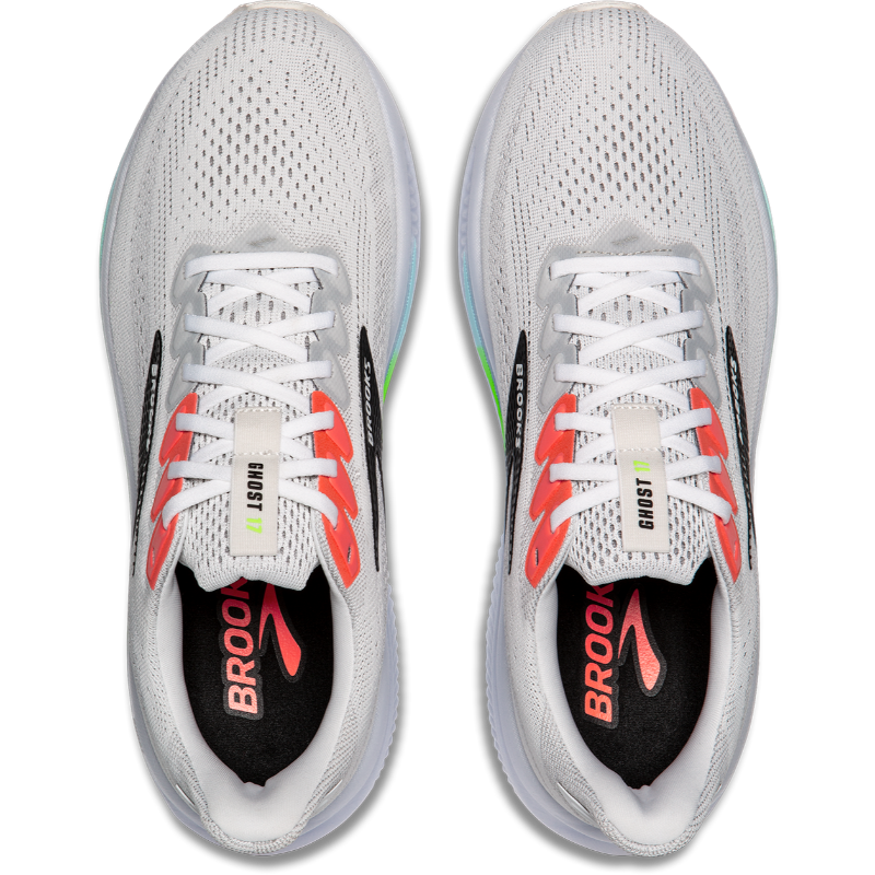Brooks Ghost 17 athletic shoes, white mesh upper with neon accents, pair shown