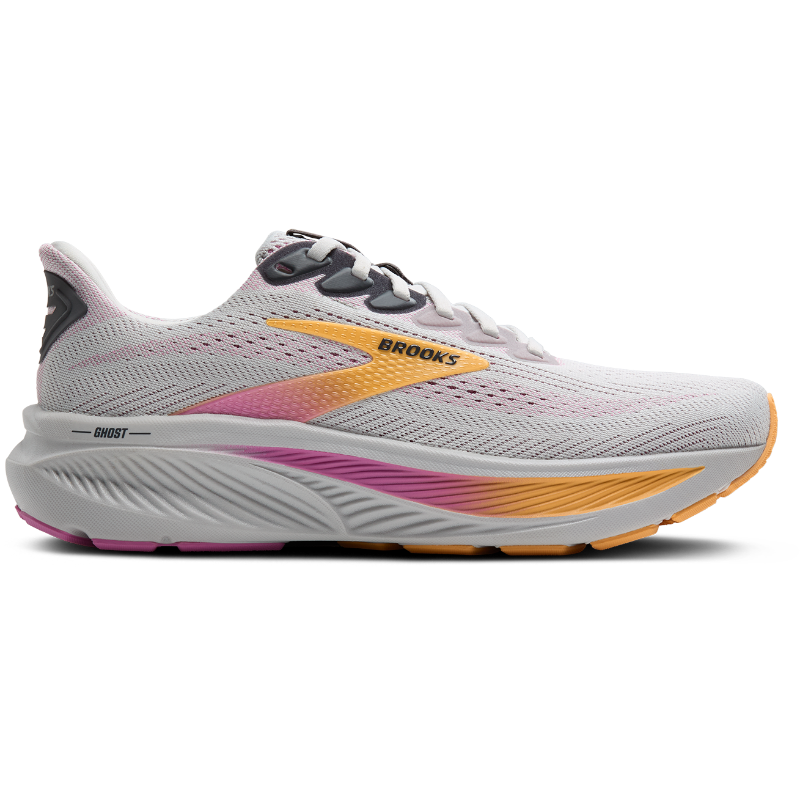 Shoes-Athletic Brooks Ghost 17 running shoes in light grey mesh with pink/orange gradient accents.