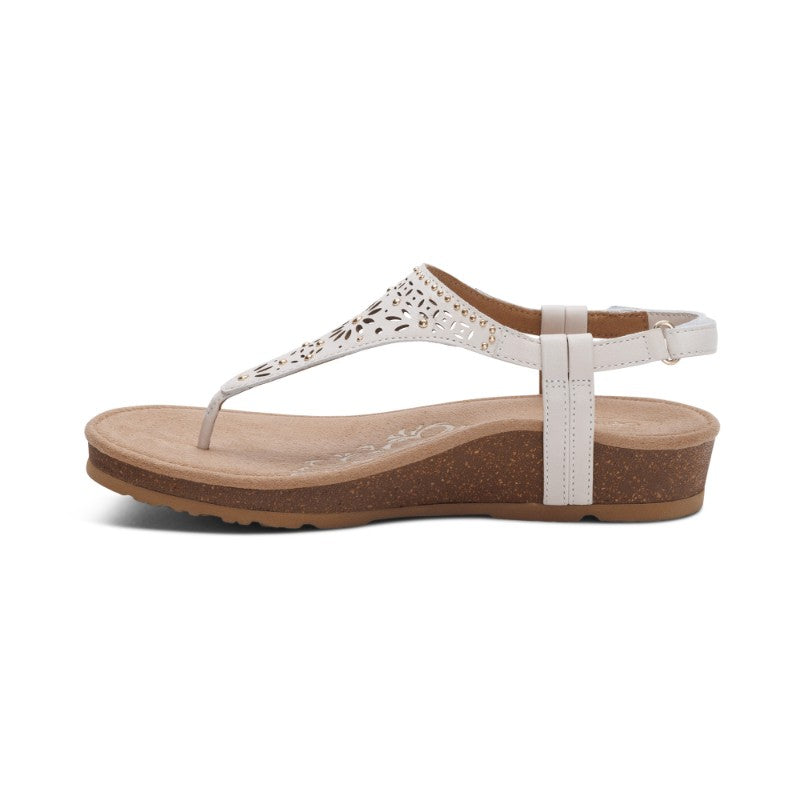 Aetrex Evelyn casual sandal, white perforated leather upper with cork wedge sole.