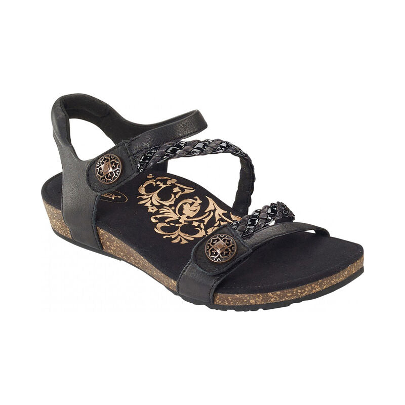 Aetrex Jillian casual sandal in black with braided straps and cork wedge sole.