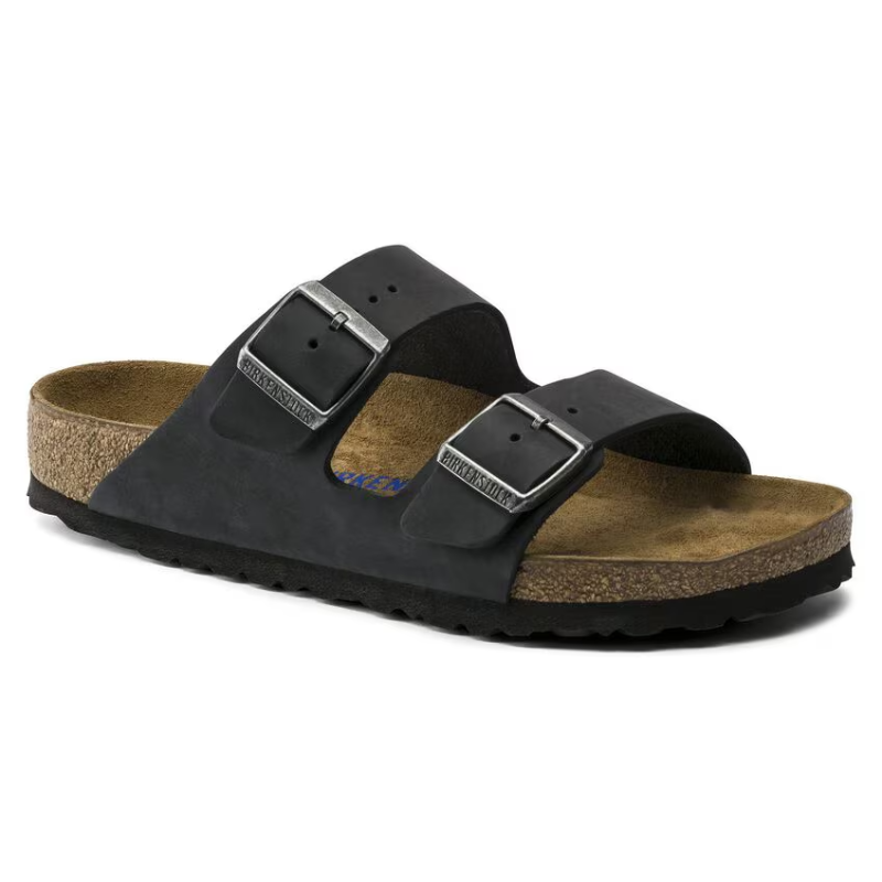 Birkenstock Arizona Soft Footbed sandals, black straps with metal buckles, corkfootbed.