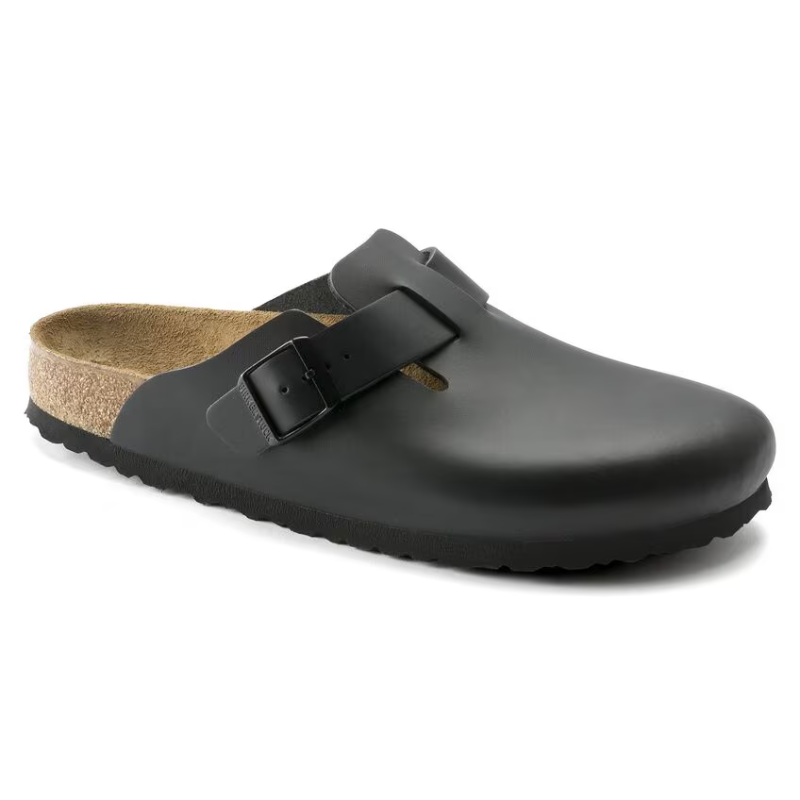 Birkenstock Boston Super Grip casual shoe, black leather upper with cork footbed and textured sole.