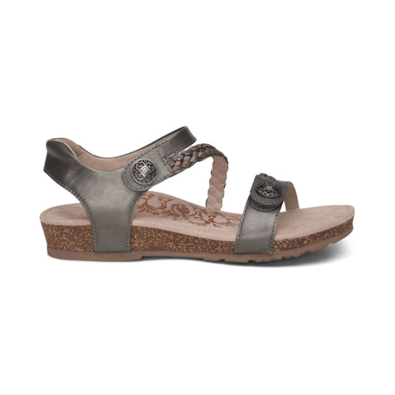 Aetrex Jillian casual sandal, gunmetal grey with braided strap and adjustable buckles, cork wedge sole