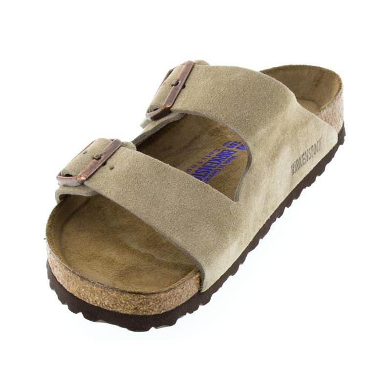 Birkenstock Arizona Soft Footbed sandals in beige suede with two buckled straps