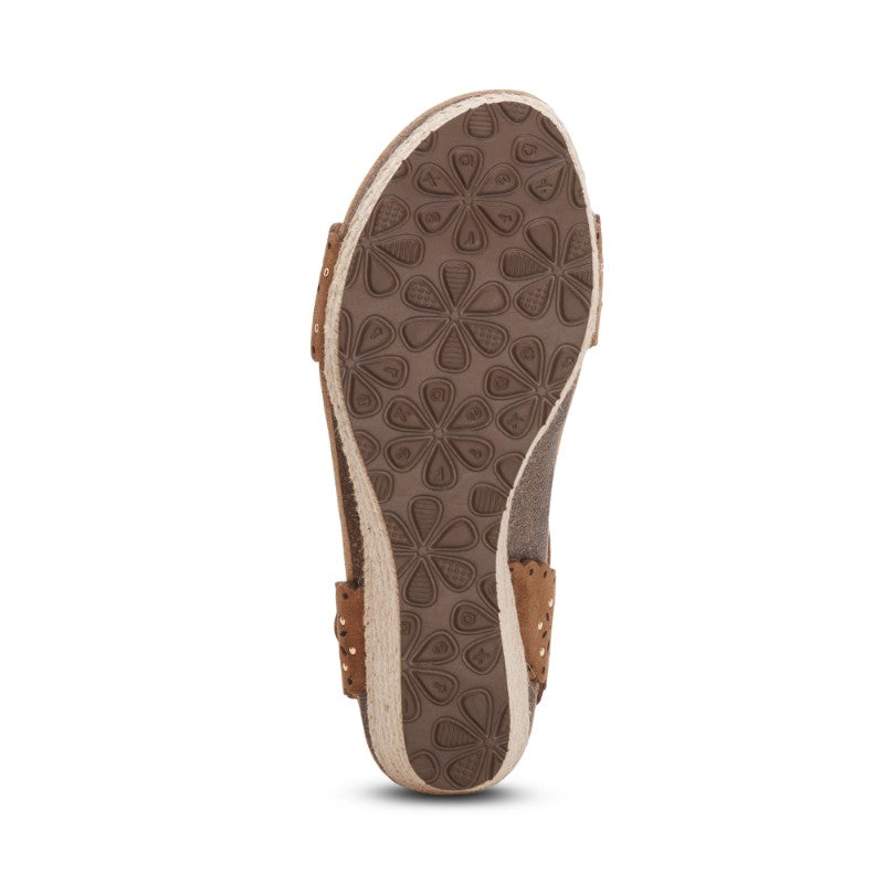 Aetrex Sydney Cutout casual sandal, brown leather with cork sole and quarter strap