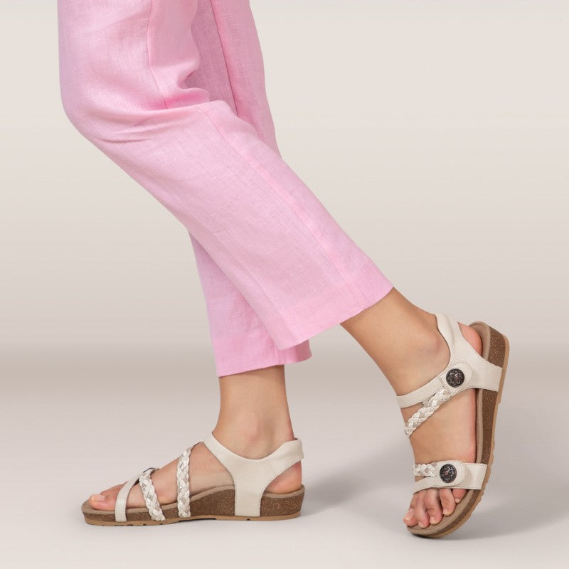 Aetrex Jillian casual sandals, white braided straps with cork sole.