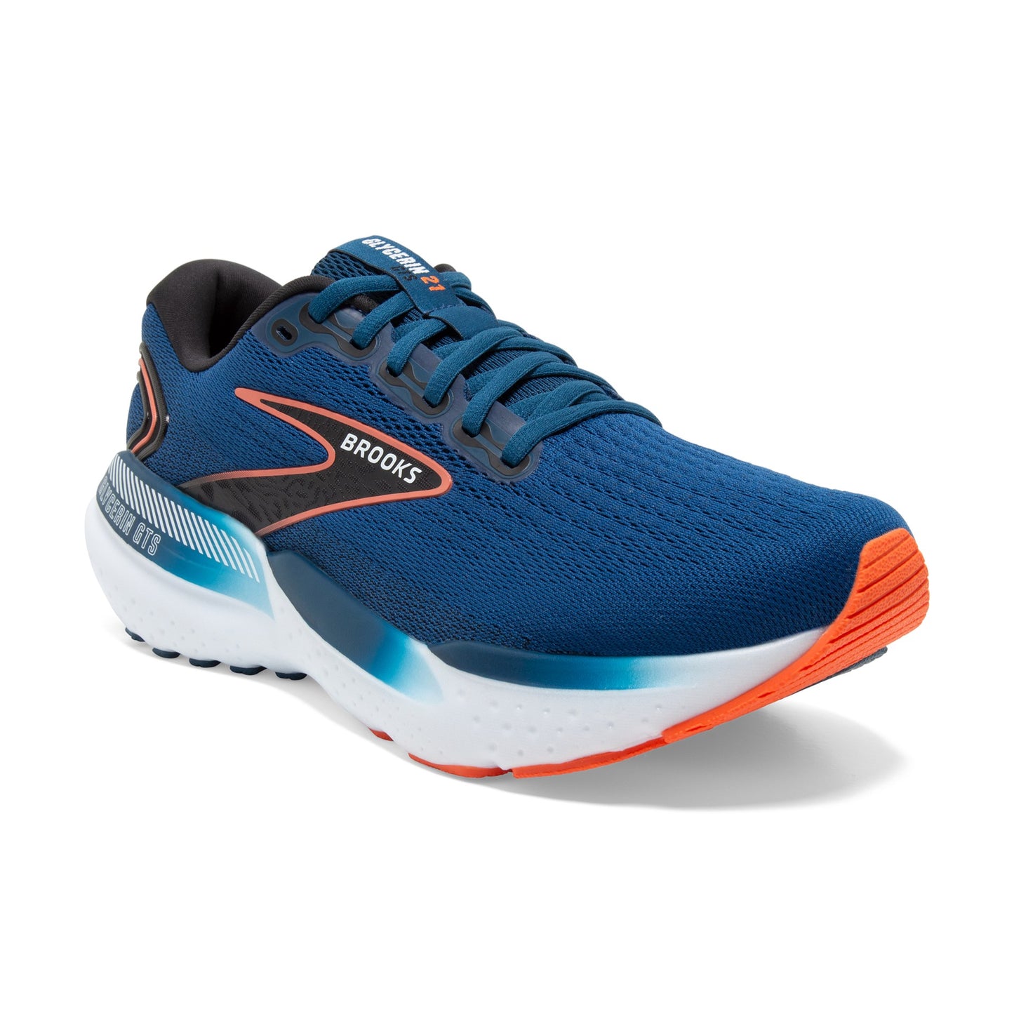 Brooks Glycerin GTS 21 athletic shoe in blue with orange accents and white midsole