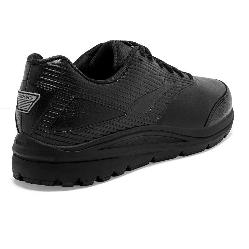 Brooks Addiction Walker 2 men's athletic shoes in black with leather upper and padded collar, rugged outsole.