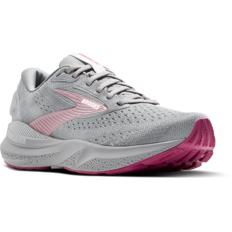 Brooks Adrenaline GTS 24 athletic shoe in gray with pink accents and pink outsole.