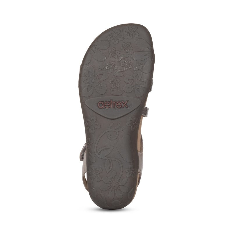 Aetrex Jillian casual sandal in gunmetal, bottom view shows floral sole pattern