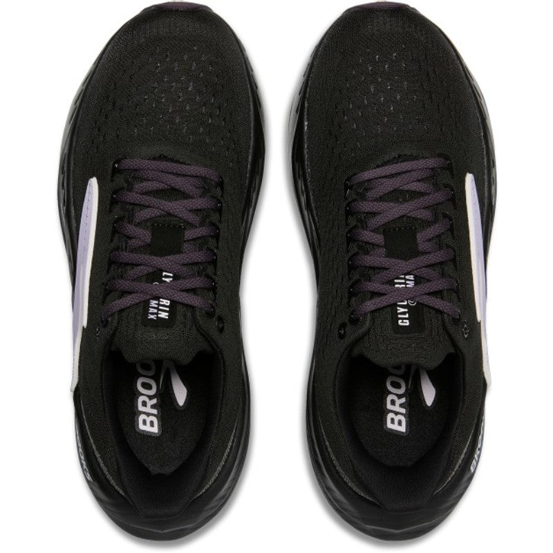 Brooks Glycerin Max Women's athletic shoes, black with purple laces, pair of sneakers