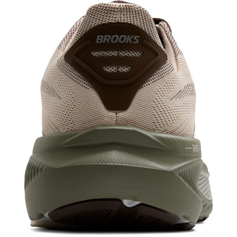 Brooks Ghost 17 athletic shoes in beige mesh with olive green midsole