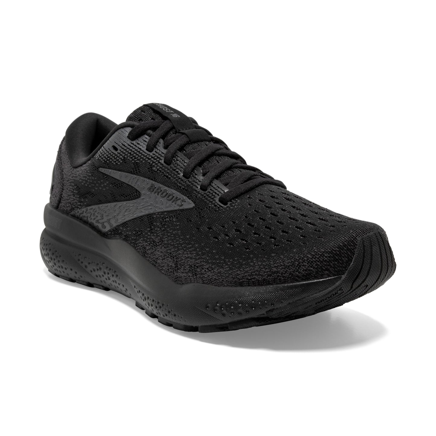 Brooks Ghost 16 athletic running shoe, black knit upper with cushioned sole.