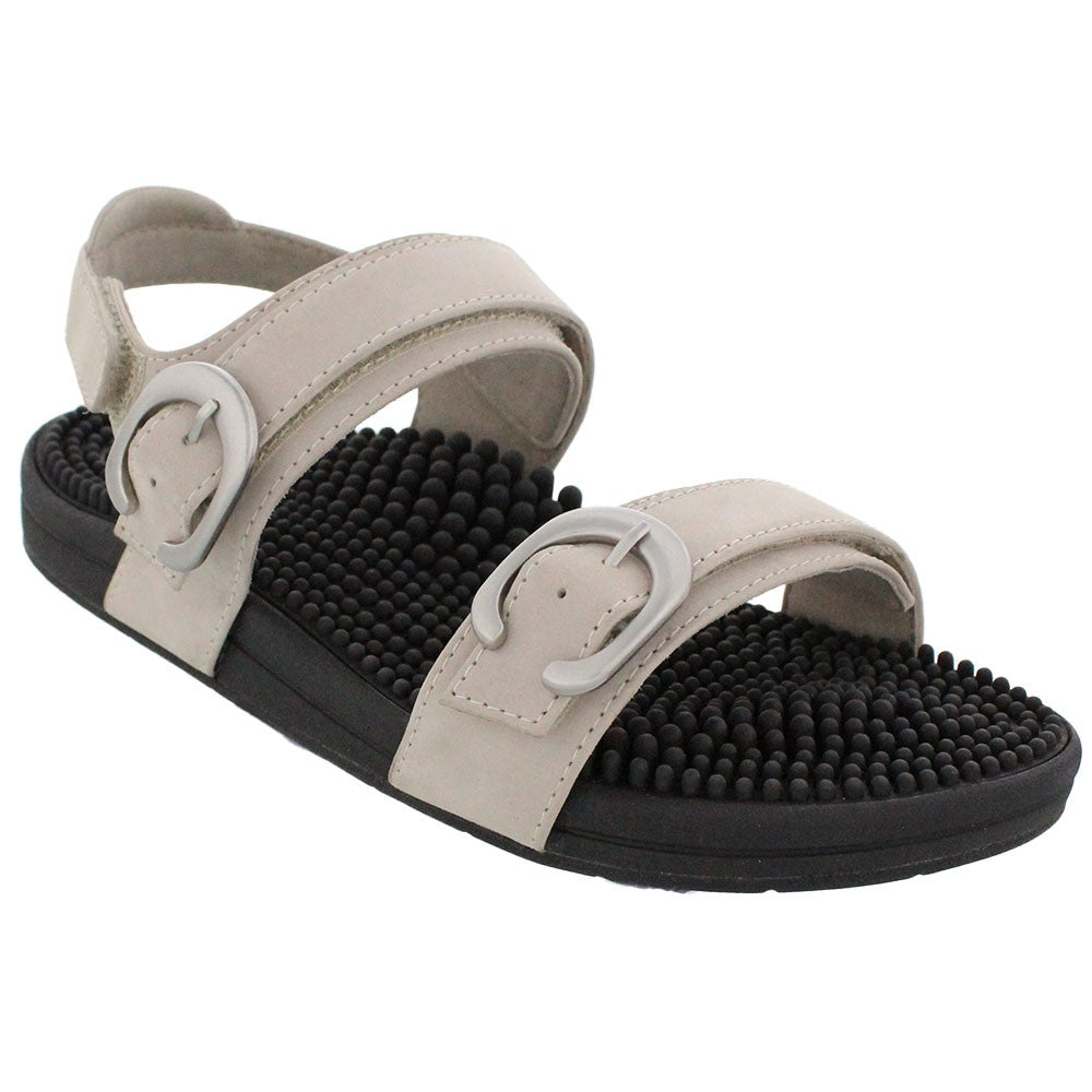 Kenkoh Karma-V casual sandals with beige leather straps and textured black footbed.