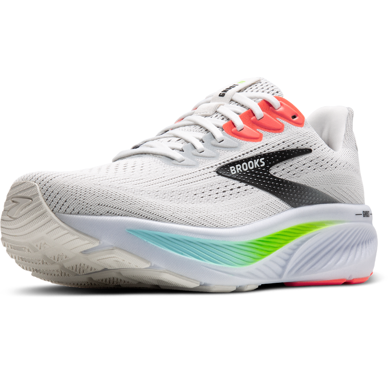 Brooks Ghost 17 athletic shoes; white mesh upper, black logo, neon-green and blue gradient midsole.