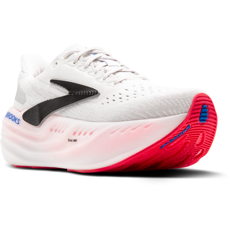Brooks Glycerin Max Women's athletic shoes; white knit upper, pink gradient midsole, red outsole.