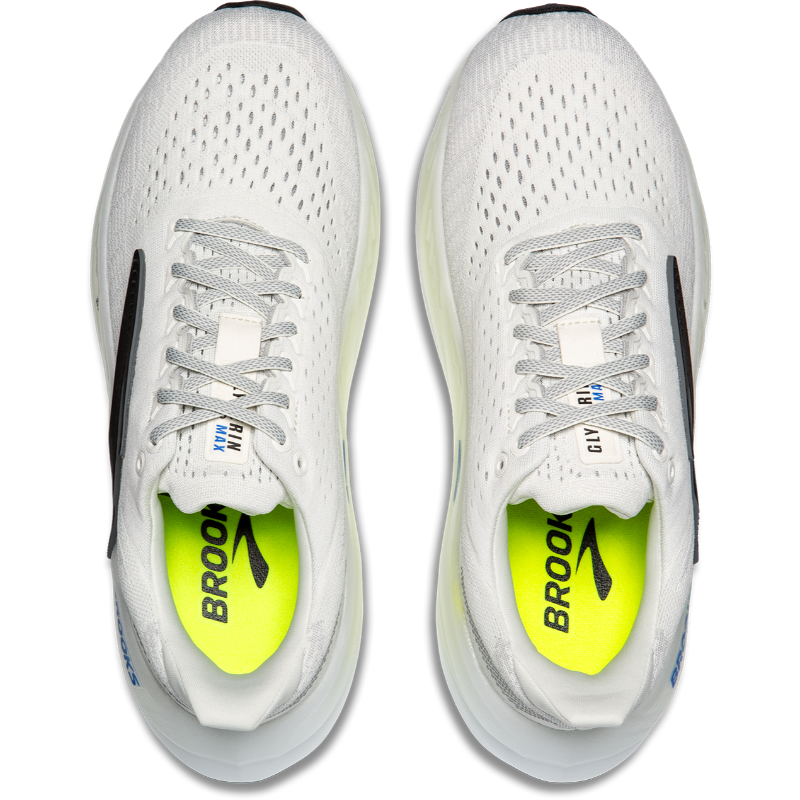 Brooks Glycerin Max Men's athletic shoes, white mesh uppers with neon lime insoles, pair