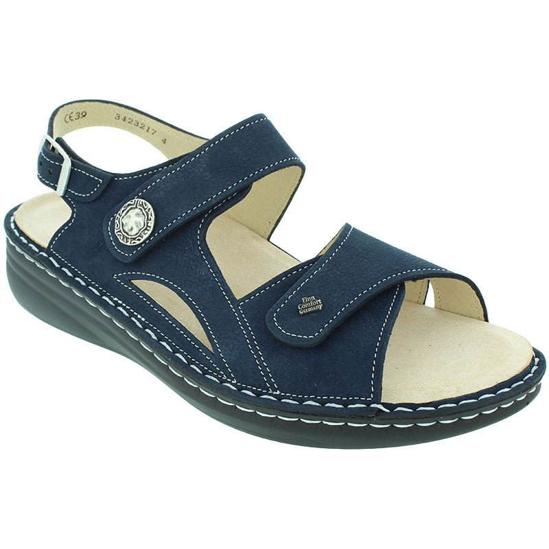 Finn Comfort Barbuda-S casual sandal, navy blue leather with Velcro straps and cushioned beige insole