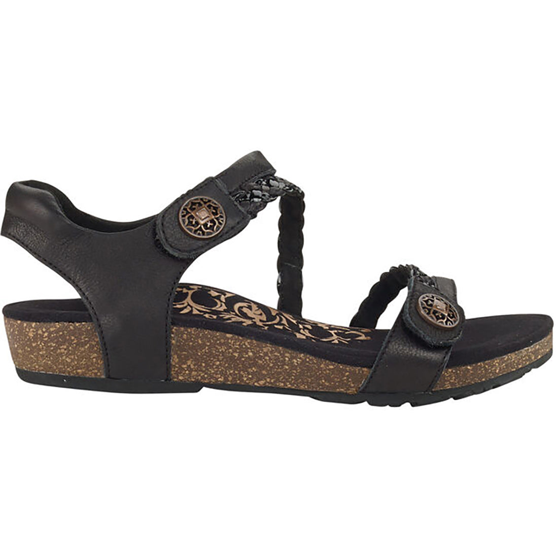 Aetrex Jillian casual sandal in black leather with braided straps and cork wedge sole