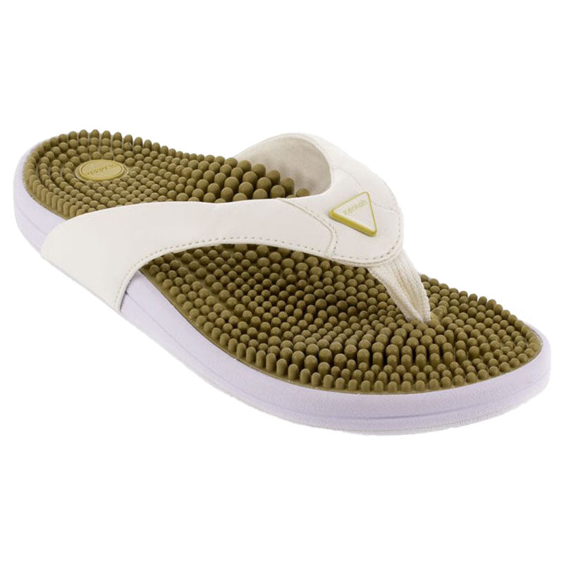 Kenkoh Spirit V casual sandals, natural white with olive massage bead footbed