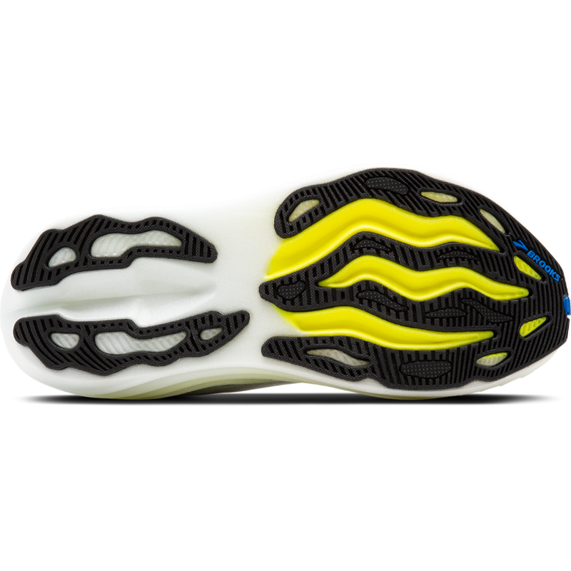 Brooks Glycerin Max men's athletic shoes with white midsole and black outsole with yellow accents.