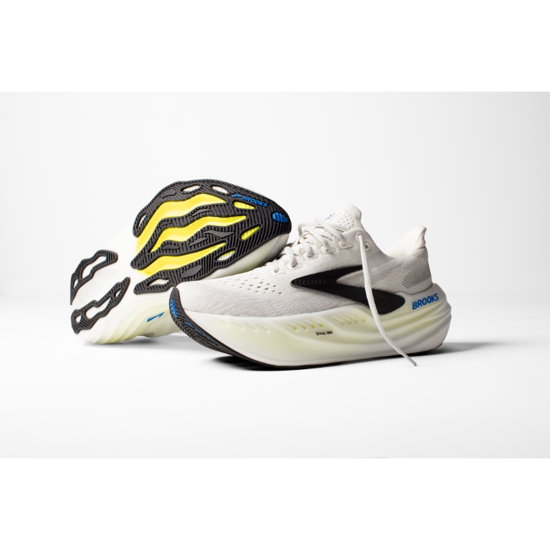 Brooks Glycerin Max men's athletic shoes — white/gray pair with black swoosh and yellow outsole