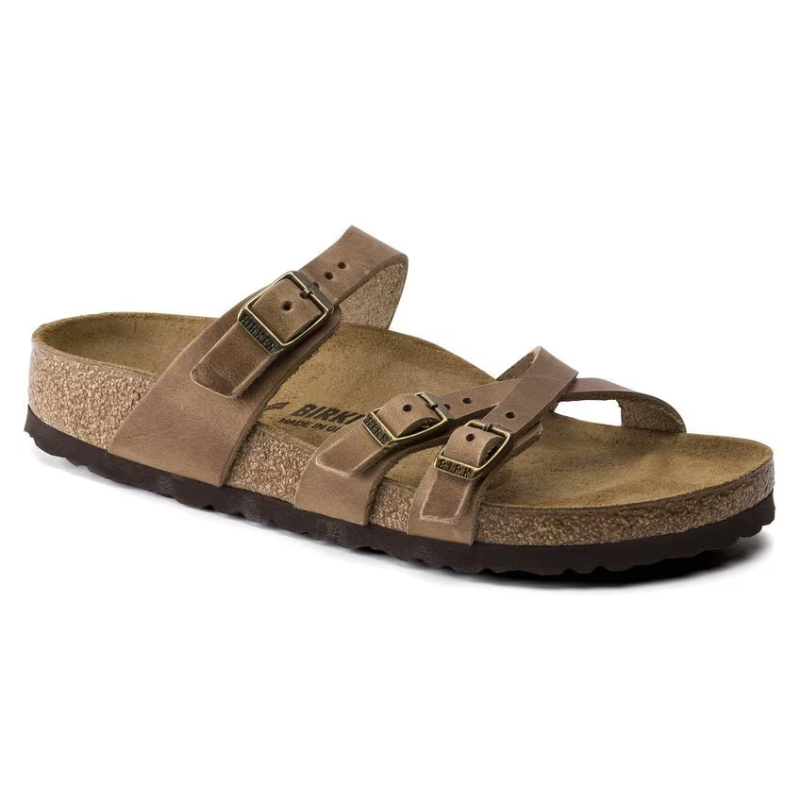 Birkenstock Franca sandal with three buckle straps in taupe leather and cork footbed