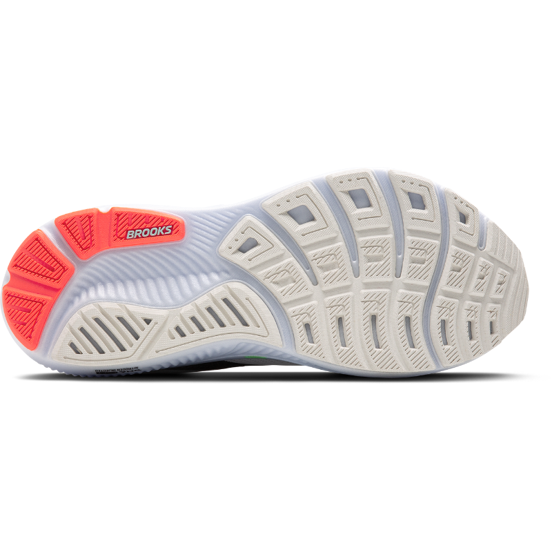 Brooks Ghost 17 athletic running shoe in white with orange heel accents