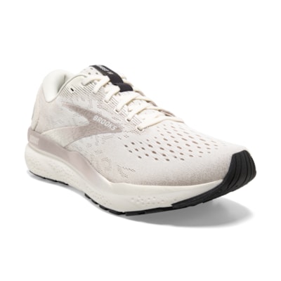 Brooks Ghost 16 athletic shoes in light beige mesh with white midsole and black outsole.