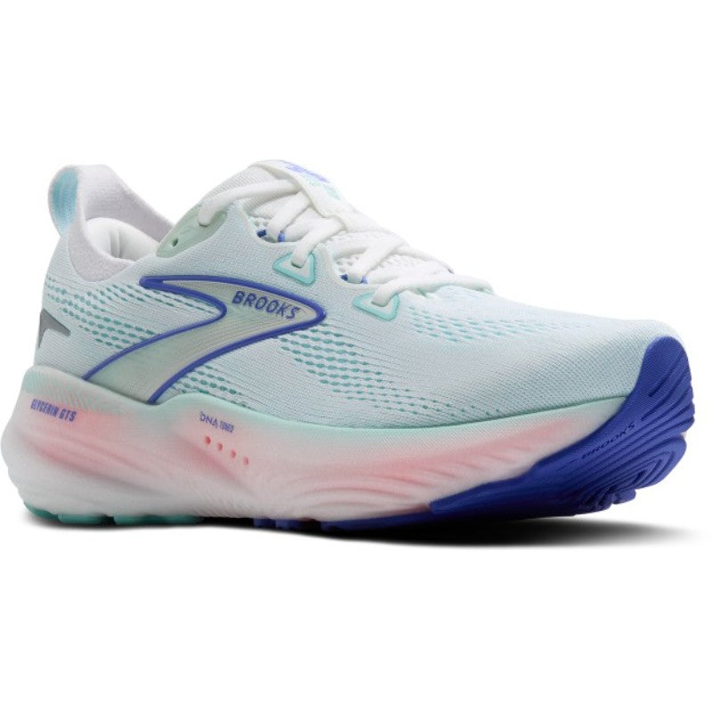 Brooks Glycerin GTS 22 women's running shoes in white with light blue accents and gradient pink-blue midsole